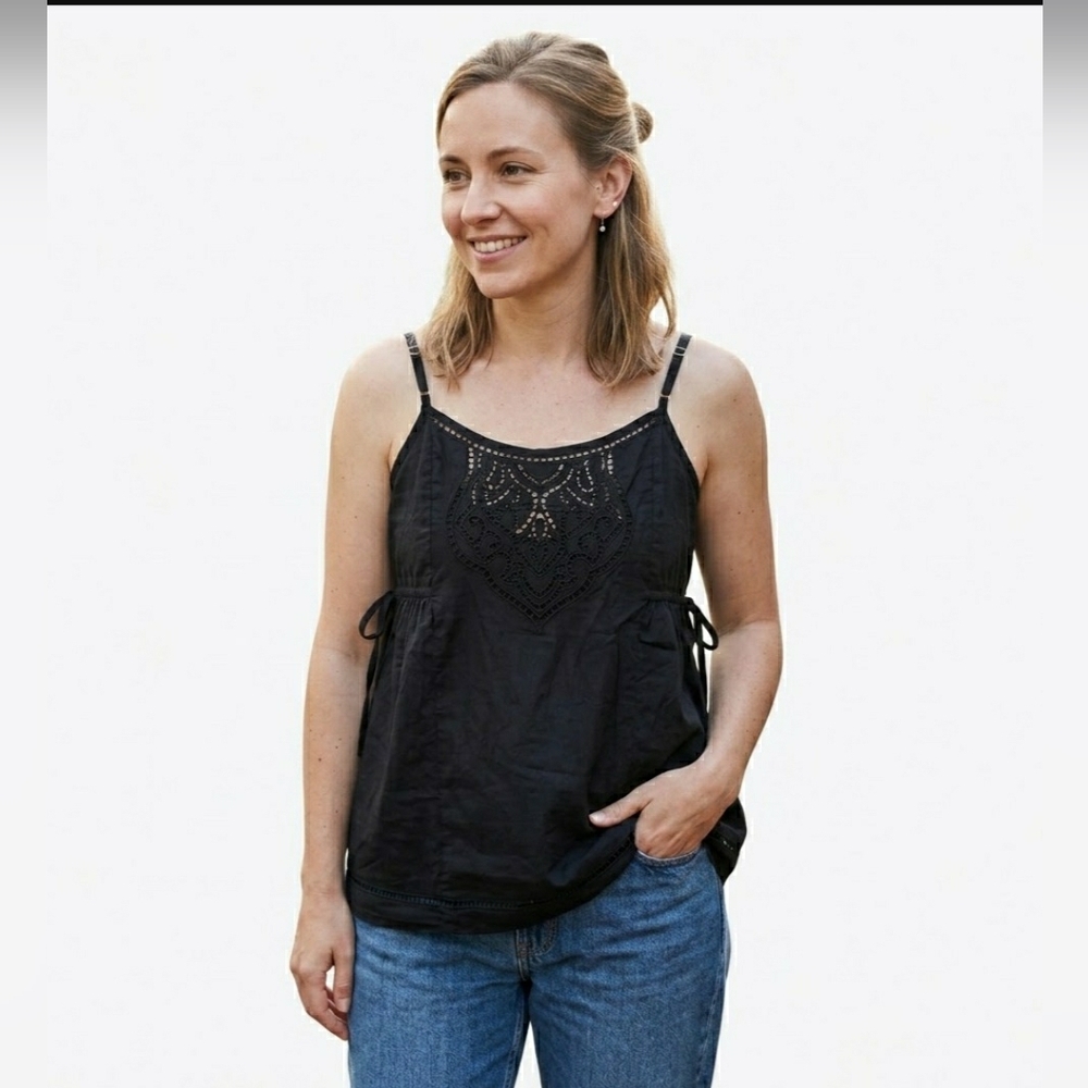 Ella Moss 100% Cotton Black Lace Embroidered Babydoll Cami Tank Top Size Medium